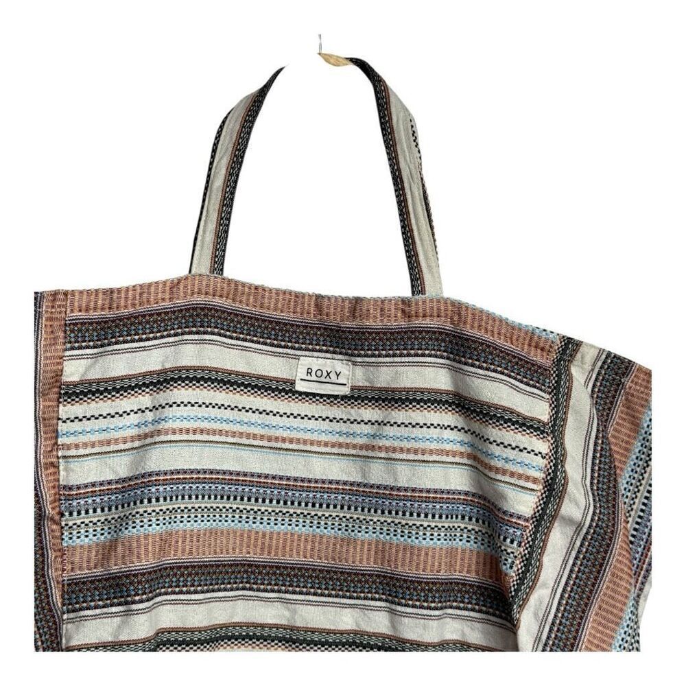Roxy Time Is Now Canvas Tote Bag Black White Striped Slouchy Gym‎ Beach Bag - Picture 2 of 6
